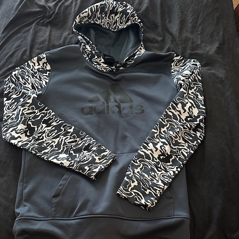 Adidas Men's Black and White Patterned Hoodie